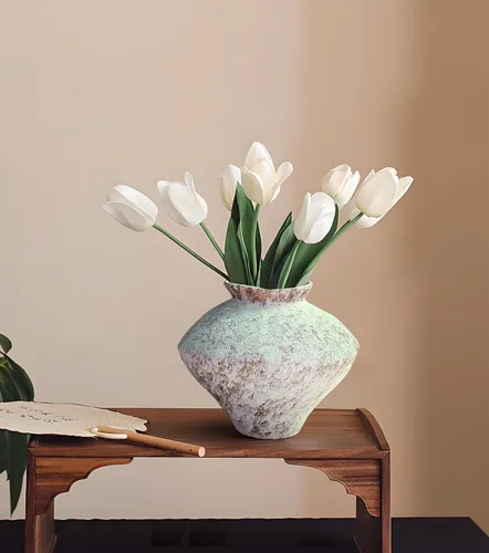 GeLive Jarrón Rústico de Cerámica Blanco Escarchado Jingdezhen Hecho a Mano Vintage Frasco de Cerámica para Flores para Plantas Frescas y Secas