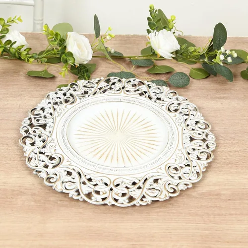 Efavormart Paquete de 6 Platos Cargadores de Acrílico de 13" Redondos Blanco Antiguo con Borde Tallado Floral Vintage - Vajilla Cargadora Decorativa