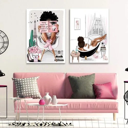 Miniatura 6 de 2 piezas enmarcadas de arte de pared afroamericano moderno París rosa blanco afro negro niñas mujeres lienzo decoración pared cuadros cuadros