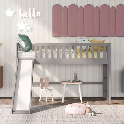 Cama baja tipo loft, cama baja de tamaño individual con tobogán, marco de cama baja de madera con barandillas y escalera lateral para niños, niñas,