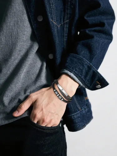 Miniatura 2 de Pulsera de cuero para hombre con hebilla de acero inoxidable 316L Pulsera trenzada multicapa Regalo para hombres NegroChapado en OroBlanco Chapado
