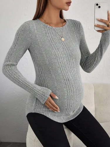 Miniatura 4 de MakeMeChic Camiseta asimétrica de punto de manga larga con cuello redondo para mujer