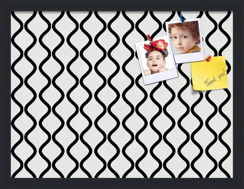 Miniatura 39 de PinPix Tablero de anuncios de corcho de 13 x 13 pulgadas. Este tablero decorativo enmarcado viene con diseño de ondas en blanco y negro y un marco