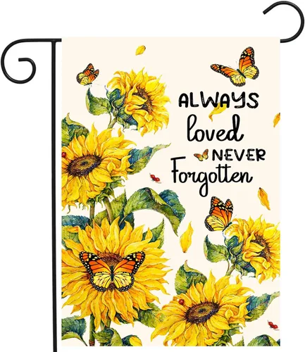 Always Loved Never Forgotten - Bandera de jardín conmemorativa de 12 x 18 pulgadas, bandera de girasol de doble cara para patio, bandera de mariposa