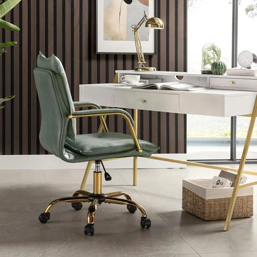 Miniatura 8 de HULALA HOME Silla de escritorio de piel sintética para oficina en casa, silla giratoria ajustable para computadora con patas y brazos dorados, silla