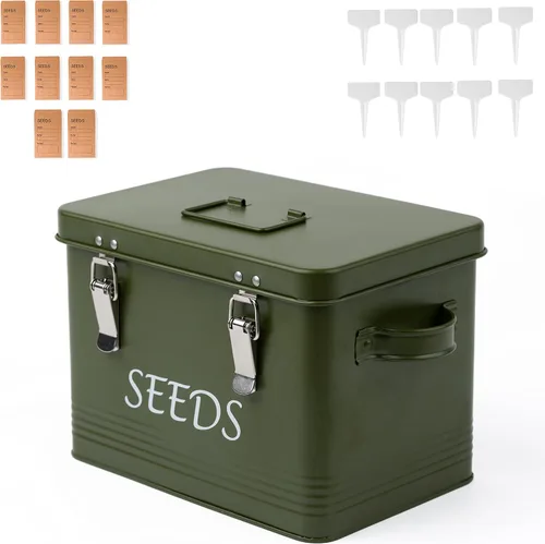Caja de almacenamiento de semillas de jardín, organizador de almacenamiento de semillas con divisores, viene con 10 sobres de semillas, 10 etiquetas