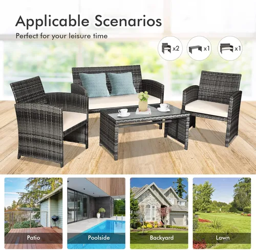 Miniatura 8 de Goplus Juego de muebles de ratán de 4 piezas, sofá de conversación de mimbre para exteriores con cojines resistentes a la intemperie y mesa de Beige