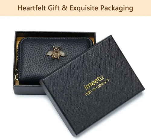 Miniatura 8 de imeetu Soporte para tarjetas de crédito RFID, cartera pequeña de cuero con cremallera para mujer