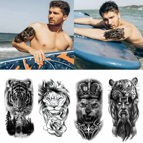 Miniatura 7 de Tatuajes temporales de animales, 15 hojas de tigre negro león lobo tótem adulto tatuajes temporales, tatuajes falsos hombres