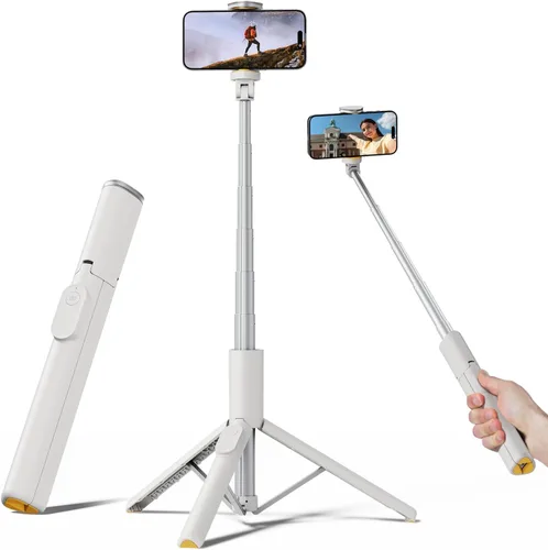 TODI Selfie Stick Tripod for iPhone, 60" Lightweight Phone Tripod Stand with Wireless Remote, Extendable Selfie Stick for Android, All-in-1, Blanco