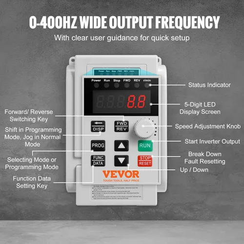 Miniatura 3 de VEVOR VFD 3HP, 2.2KW, 10A, Entrada 1 Fase 220V-240V a Salida 3 Fases 220V-240V Unidad de Frecuencia Variable, VFD 0-400Hz para Control de Velocidad
