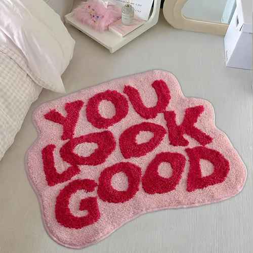 Miniatura 20 de Alfombra de baño negra con texto en inglés "You Look Good", alfombra de baño divertida, bonita, antideslizante, de microfibra, de felpa, pequeña