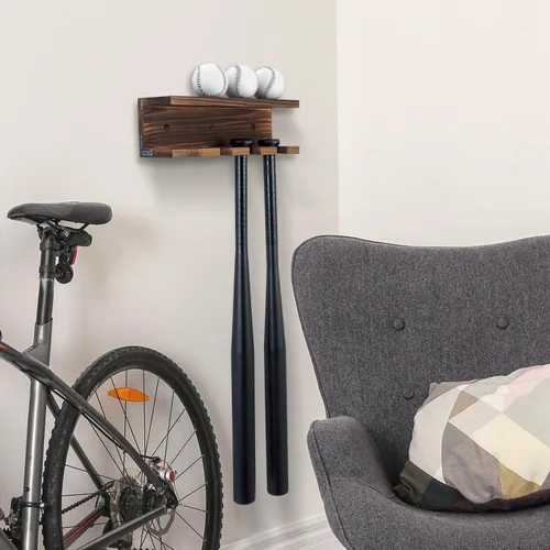 Miniatura 3 de MyGift Soporte de madera para bate de béisbol y estante de exhibición de bolas, estantes flotantes de recuerdos deportivos montados en la pared
