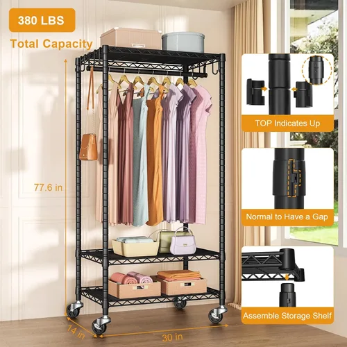 Miniatura 6 de FUTASSI P6 - Perchero mediano resistente para colgar ropa, perchero independiente con ruedas, estante portátil para armario, carga máxima de 370