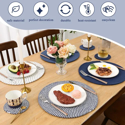 Miniatura 5 de SHACOS Juego de 6 manteles individuales redondos tejidos de cuerda de algodón con posavasos, manteles individuales para mesa de cocina de 13 Azul