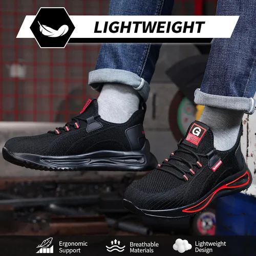 Miniatura 4 de GLANOUDUN Zapatos de punta de acero para hombre, zapatos de trabajo ligeros para hombres, zapatos de trabajo negros con punta de acero, zapatos