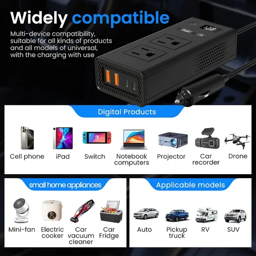Miniatura 5 de Convertidor de voltaje de automóvil de 300 W, inversor de CC de 12 V a CA, puertos de 110 V, cargador de coche de carga rápida con enchufe