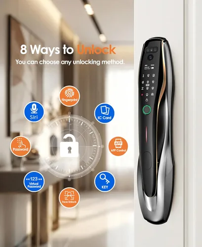 Miniatura 3 de Cerradura inteligente de reconocimiento facial 3D con cámara y manija, timbre de video, entrada sin llave 7 en 1, impermeable IP67, pantalla HD