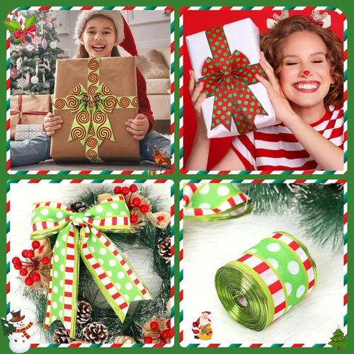 Miniatura 3 de 3 rollos de cinta de Navidad con alambre de 30 yardas, cinta de envoltura de Navidad roja y verde lima, 2.56 pulgadas de ancho, cintas de tela