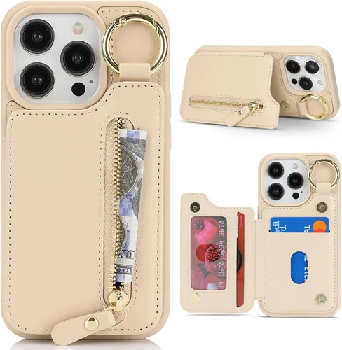 Havaya Funda para iPhone 13 Pro con tarjetero y llavero, soporte de cuero, a prueba de golpes, con ranuras para tarjetas de crédito, cremallera,