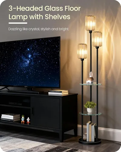 Miniatura 5 de Lámpara de pie negra con estantes, lámpara de pie moderna con 3 pantallas de cristal e interruptor de pie, lámpara de pie de 3 luces, para sala