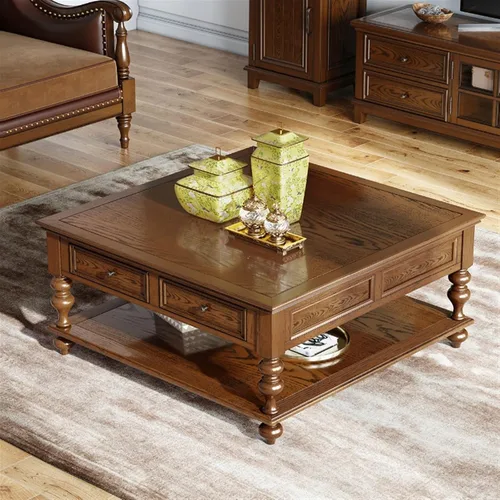 Miniatura 8 de Mesa de té para sala de estar, mesa de centro vintage de campo, mesa de centro cuadrada de madera de 43.3 pulgadas, mesa central con cajones