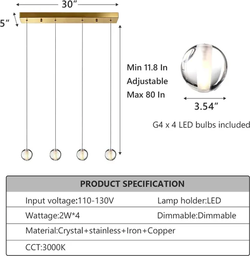 Miniatura 4 de Lámparas colgantes de oro cepillado de 4 luces para isla de cocina moderna, lámparas colgantes de globo de cristal para comedor sobre mesa, lámparas