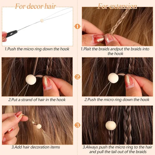 Miniatura 3 de Chuangdi 20 piezas de extensión de cabello, enhebrador de aguja para tirar de gancho, dispositivo de cuentas de aguja para suministros de Negro
