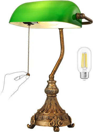 Miniatura 11 de Lámpara de Escritorio de Banqueros Retro de Cristal Ámbar con Interruptor de Cadena de Tirar para Oficina en Casa, Biblioteca, Accesorio Enchufable