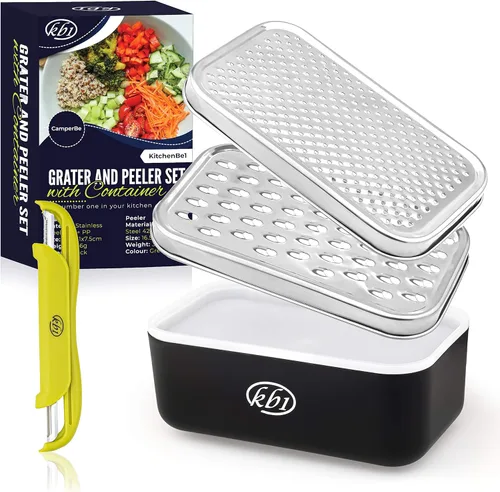 Rallador de queso con contenedor y tapa y juego de pelador - Juego de utensilios de cocina multifuncional de acero inoxidable para verduras y frutas