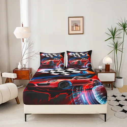 Miniatura 4 de Juego de sábanas bajeras para niños de Red Race Car tamaño individual, juego de ropa de cama con bandera de carreras de deportes extremos