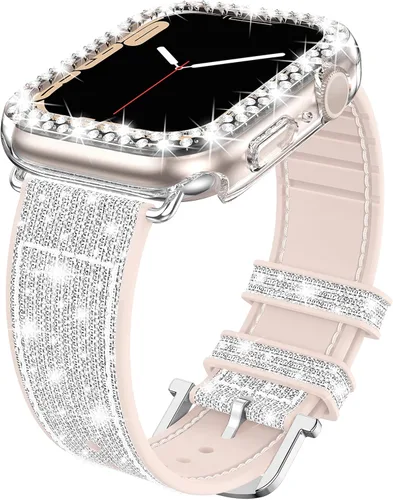 Miniatura 9 de Goton Bling - Correa de silicona brillante compatible con Apple Watch de 1.772 pulgadas (45mm) con protector de borde [sin vidrio], correa que