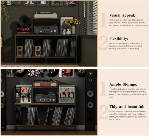 Miniatura 9 de Sonyabecca Espaciosa mesa de tocadiscos vintage – Capacidad para 150 – 250 álbumes de vinilo, divisores ajustables, áreas de visualización lateral