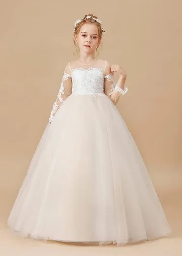 Miniatura 2 de Melinda - Vestidos de flores para niñas, apliques de encaje, tul de manga larga, vestido largo de princesa para boda, concurso