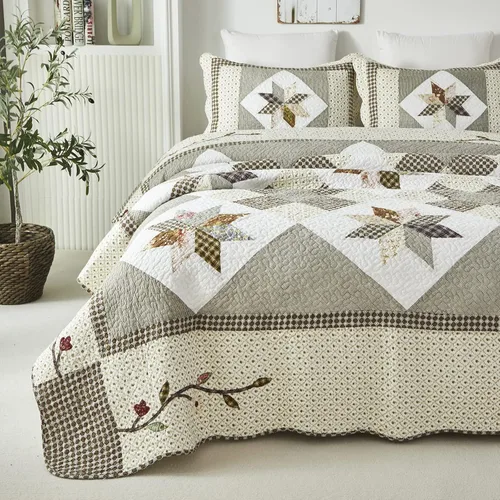Miniatura 13 de Brandream - Juego de edredón tamaño Queen de algodón, edredones de estilo granja, ropa de cama Matelasse, colcha con borde festoneado, 3 piezas