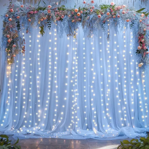 Cortinas de fondo de tul transparente color azul bebé con luces de cadena para baby shower, fiesta, sin arrugas, cortinas de fondo para bodas,
