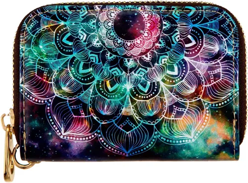 Miniatura 4 de AIRMORS Tarjetero para mujer con cremallera de cuero con cierre RFID bloqueo llavero (AA Mandala in the Galaxy)
