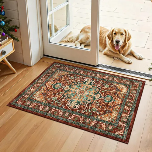 Miniatura 38 de U'Artlines Alfombra de Área Bohemia Lavable, 2x3 Pequeña Suave Antideslizante Vintage Felpudo para Puerta Frontal Interior Alfombra Verde