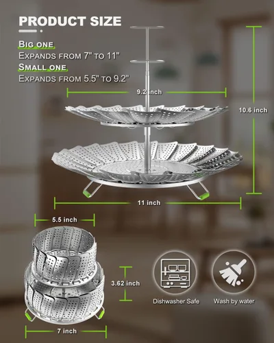 Miniatura 11 de Cesta vaporera de verduras de 2 capas para olla, canasta de vapor de acero inoxidable de alta calidad, canasta separable de acero inoxidable