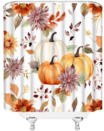 Miniatura 3 de Cortina de ducha de calabaza bohemia con acuarela, hojas florales, rústico, otoño, cosecha, granja, temporada, decoración de baño, juegos de baño