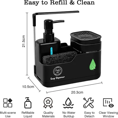 Miniatura 7 de Juego de dispensador de jabón para manos y platos de cocina (negro) – Botellas de doble bomba con soporte para esponja, soporte para cepillo, barra