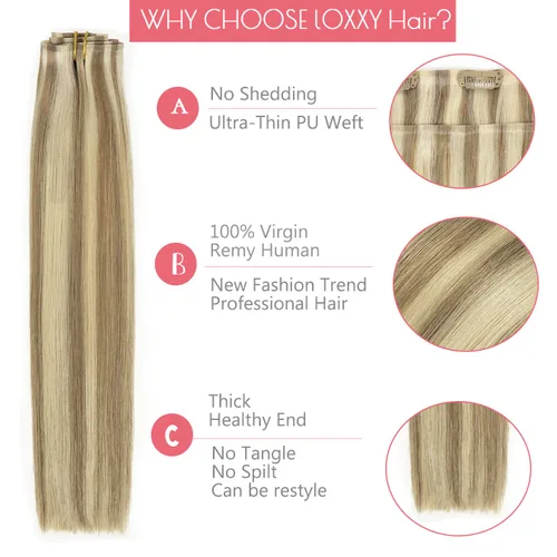 Miniatura 4 de Loxxy Extensiones de cabello humano sin costuras con clip para mujer, ultra invisible, trama de poliuretano, extensiones de cabello con clip