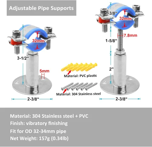 Miniatura 2 de 4 piezas de acero inoxidable 304 soporte de tubo de montaje en techo para NB 1 "tubo, abrazadera de soporte de tubo ajustable