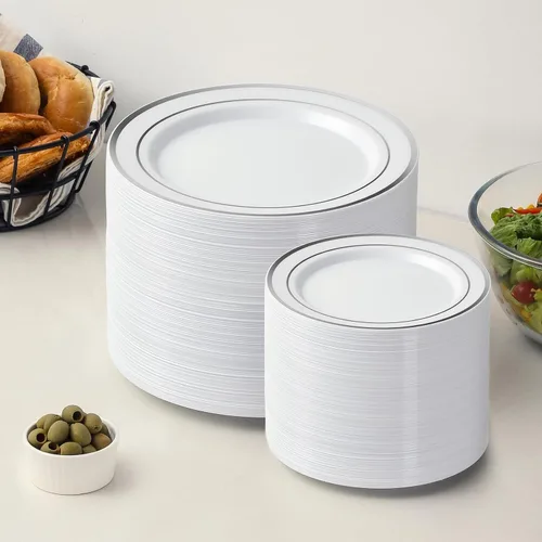 Miniatura 6 de AOZITA 200 platos de plástico plateados, platos desechables de plástico para fiestas, bodas y cumpleaños
