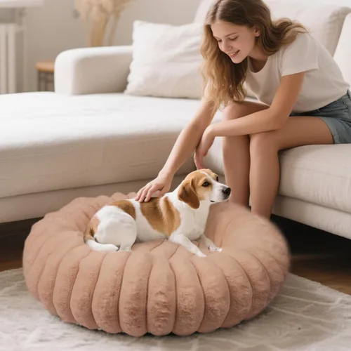 Miniatura 9 de Cama en forma de dona para perros y gatos, lujosa y cómoda cama de pelo sintético de conejo para mascotas, cama redonda antiansiedad calmante