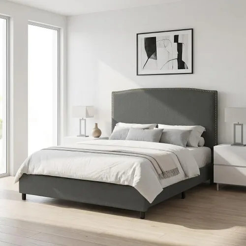 Marco de cama tamaño completo con cabecero, cama plataforma tapizada de 56" con ribete de tachuelas, tela suave bouclé, no necesita somier, fácil