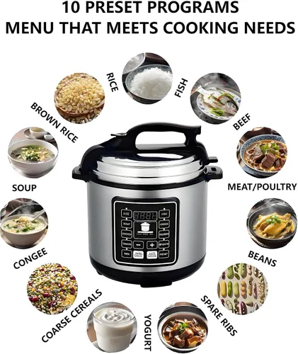 Miniatura 2 de Olla a presión eléctrica, 6 litros, olla de estofado lenta con función de reserva de 24 horas, arrocera 10 en 1, wok, pastel, yogur, etc., acero
