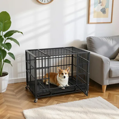 Miniatura 9 de VOWNER Jaula para perros indestructible de 38 pulgadas, resistente a prueba de escapes, con 4 ruedas bloqueables, jaula para perros de alta ansiedad