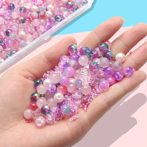 Miniatura 3 de Rired 27 Kit de 760 piezas de cuentas mixtas para manualidades, kit de fabricación de pulseras de cuentas de vidrio rosa, cuentas de cristal
