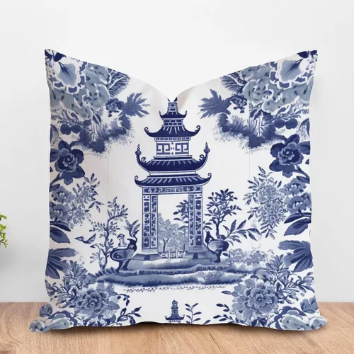 ArogGeld Chinoiserie - Funda de cojín con diseño de pagoda asiática azul índigo, diseño cuadrado de flores y pagoda asiática, para oficina, silla de